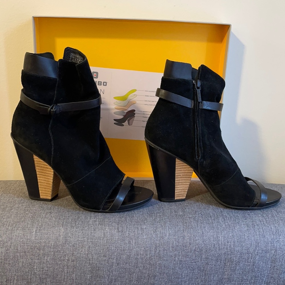 Tsubo real suede pip toe ankle booties in a box, each shoe has its own bag.